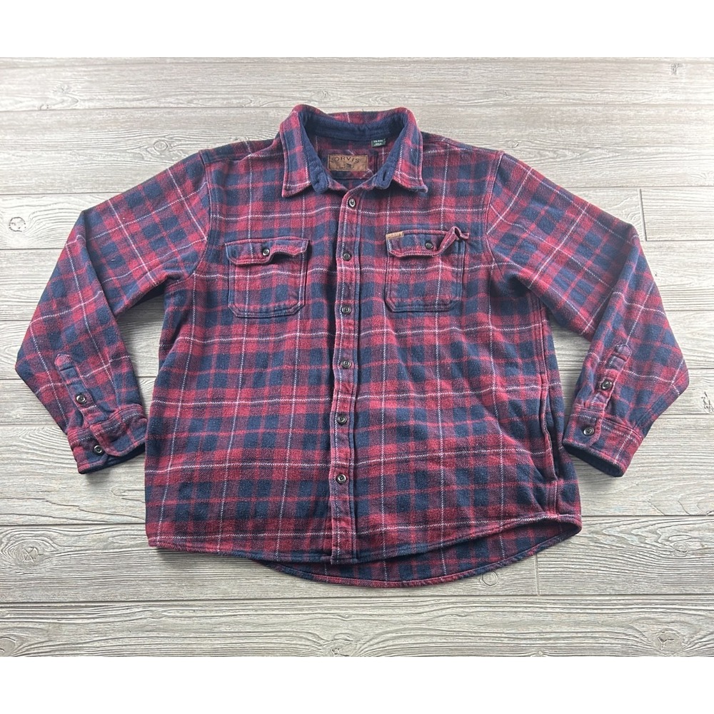 Orvis Flannel Button Shirt Mens XXL Red Blue Plaid Classic Fit Workwear Cotton